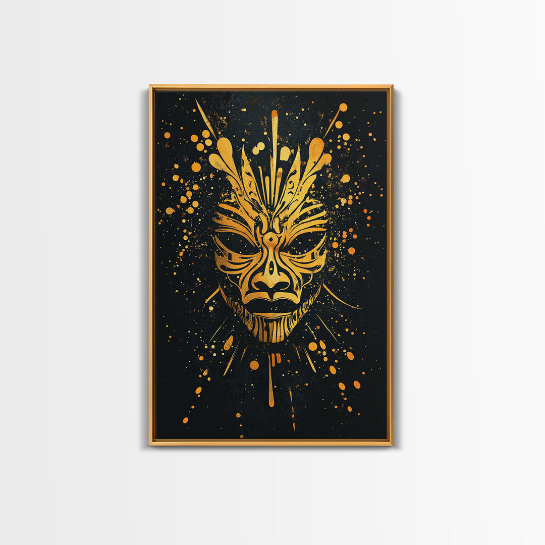 Ornate Tribal Mask Artwork,Bold Cultural Wall Decor,Real Wood Frame,Striking Ethnic Art,Modern Statement Accent