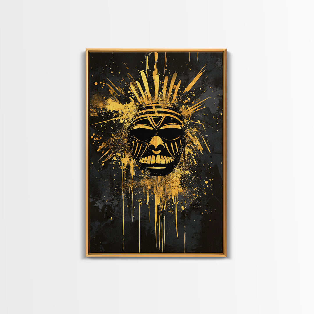 Tribal Sun Mask Gold Canvas Print, Bold Wall Art With Real Wood Frame, Cultural Decor, Splatter Style Artwork