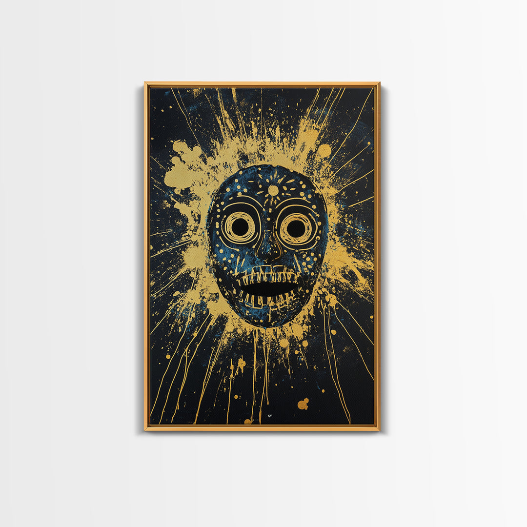Cosmic Tribal Mask Gold Canvas Print, Unique Wall Art With Real Wood Frame, Ethnic Decor, Bold Splatter Artwork