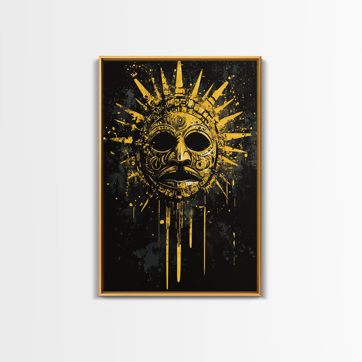 Aztec Sun God Mask Gold Canvas Print, Tribal Wall Art With Real Wood Frame, Ancient Culture Decor, Bold Artwork