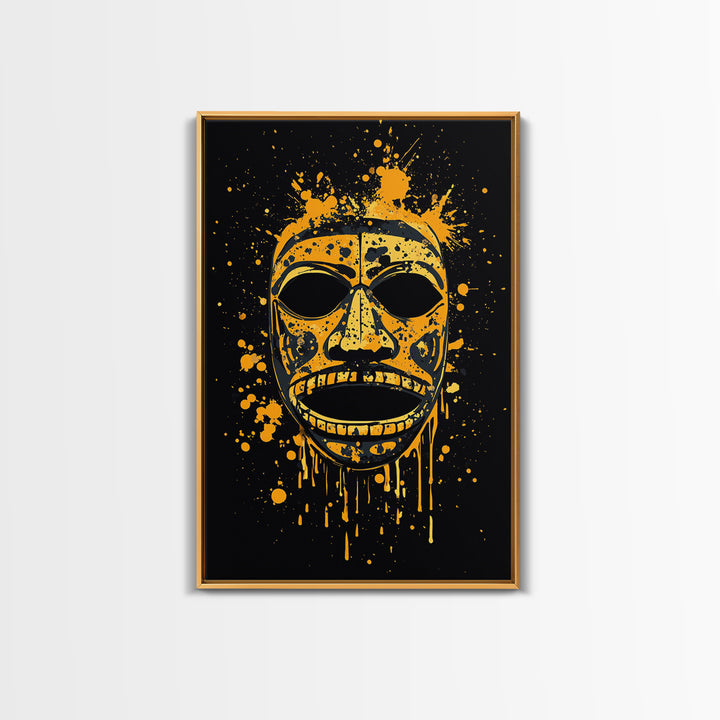 Traditional Tribal Mask Gold Canvas Print, Splatter Style Wall Art With Real Wood Frame, Cultural Decor Accent
