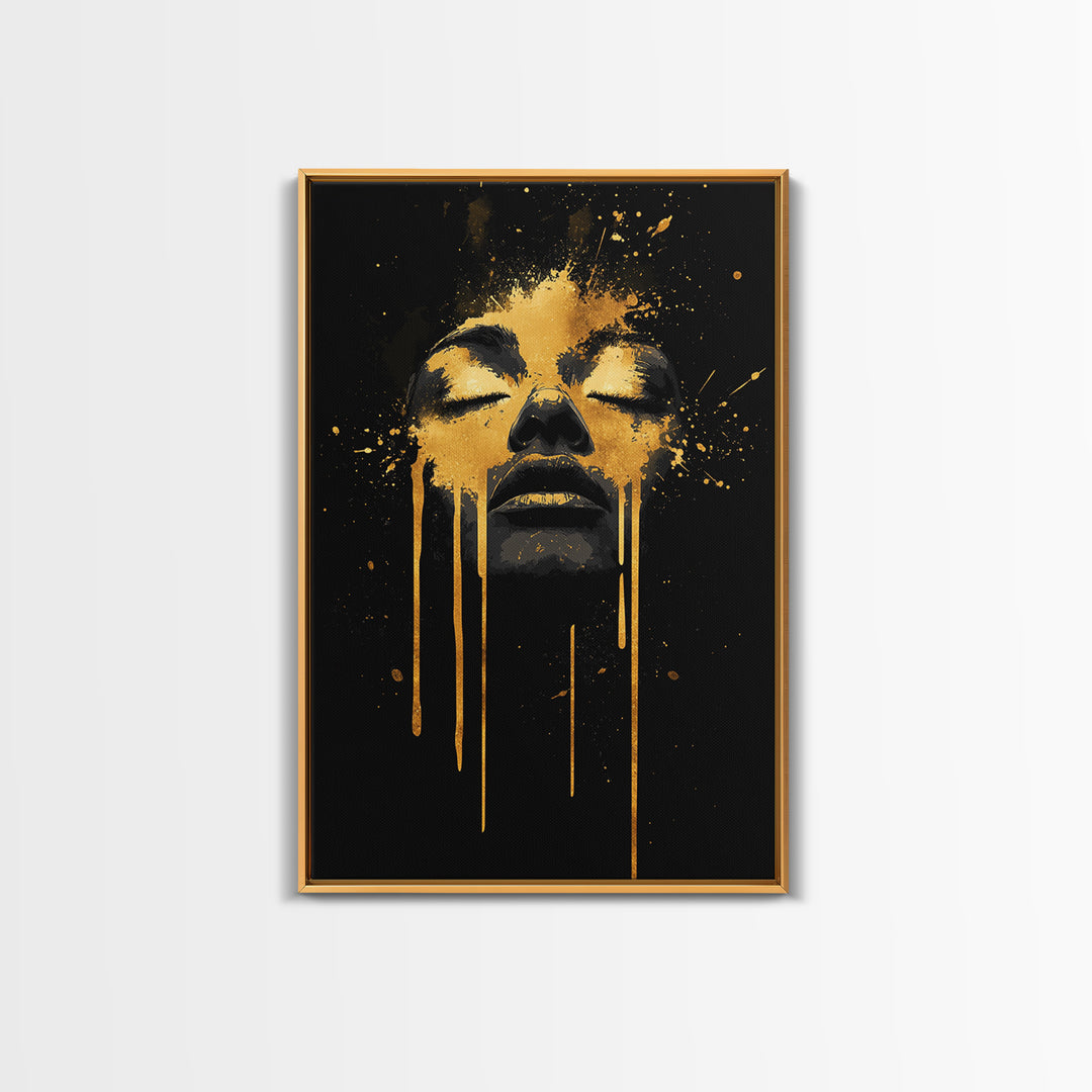 Golden Face Gold Canvas Art, Modern Wall Print With Real Wood Frame, Abstract Portrait, Splatter Style Cultural Decor