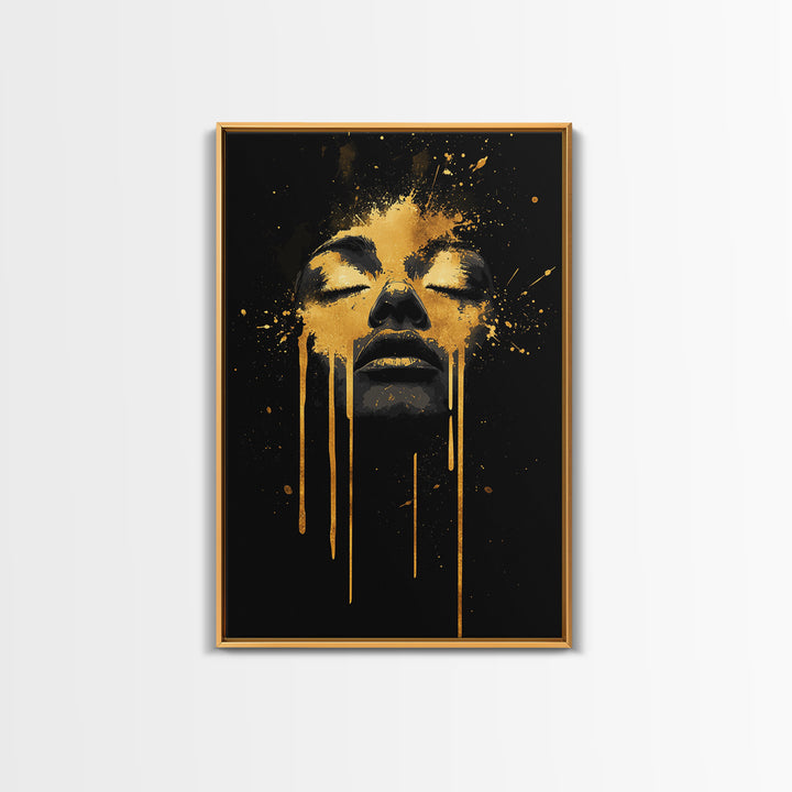 Golden Face Gold Canvas Art, Modern Wall Print With Real Wood Frame, Abstract Portrait, Splatter Style Cultural Decor