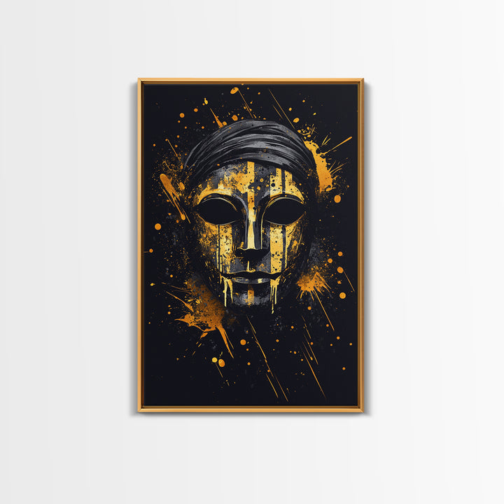 Classic Tribal Mask Gold Canvas Print, Bold Ethnic Wall Art With Real Wood Frame, Splatter Style Cultural Decor
