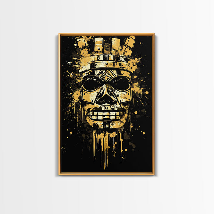 Ancient Warrior Mask Gold Canvas Print, Bold Wall Art With Real Wood Frame, Cultural Splatter Style Home Decor