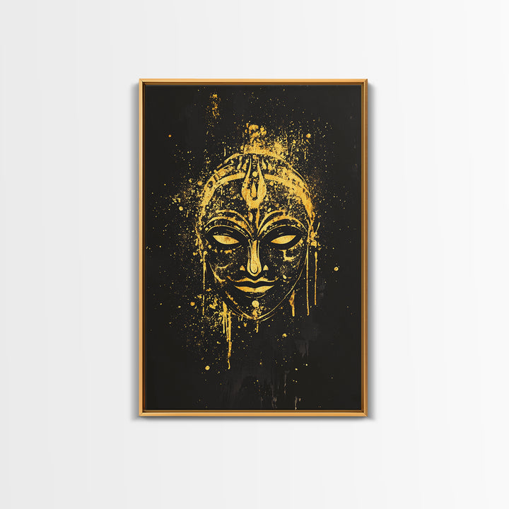 Mystical Goddess Mask Gold Canvas Art, Cultural Wall Print With Real Wood Frame, Splatter Style Decor For Bold Homes