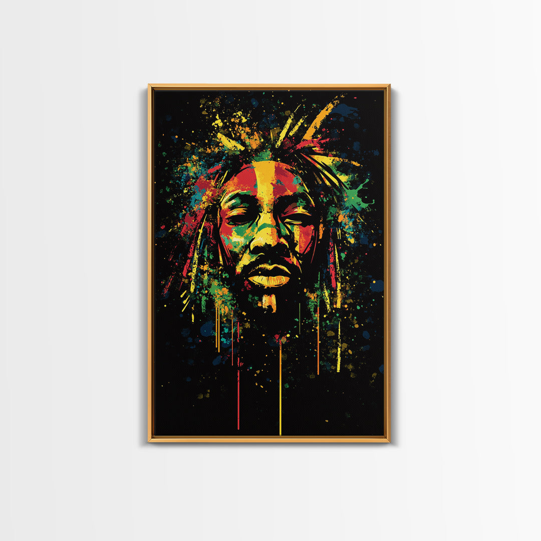 Rastafarian Portrait Gold Canvas Print, Vibrant Cultural Wall Art With Real Wood Frame, Bold Splatter Style Decor