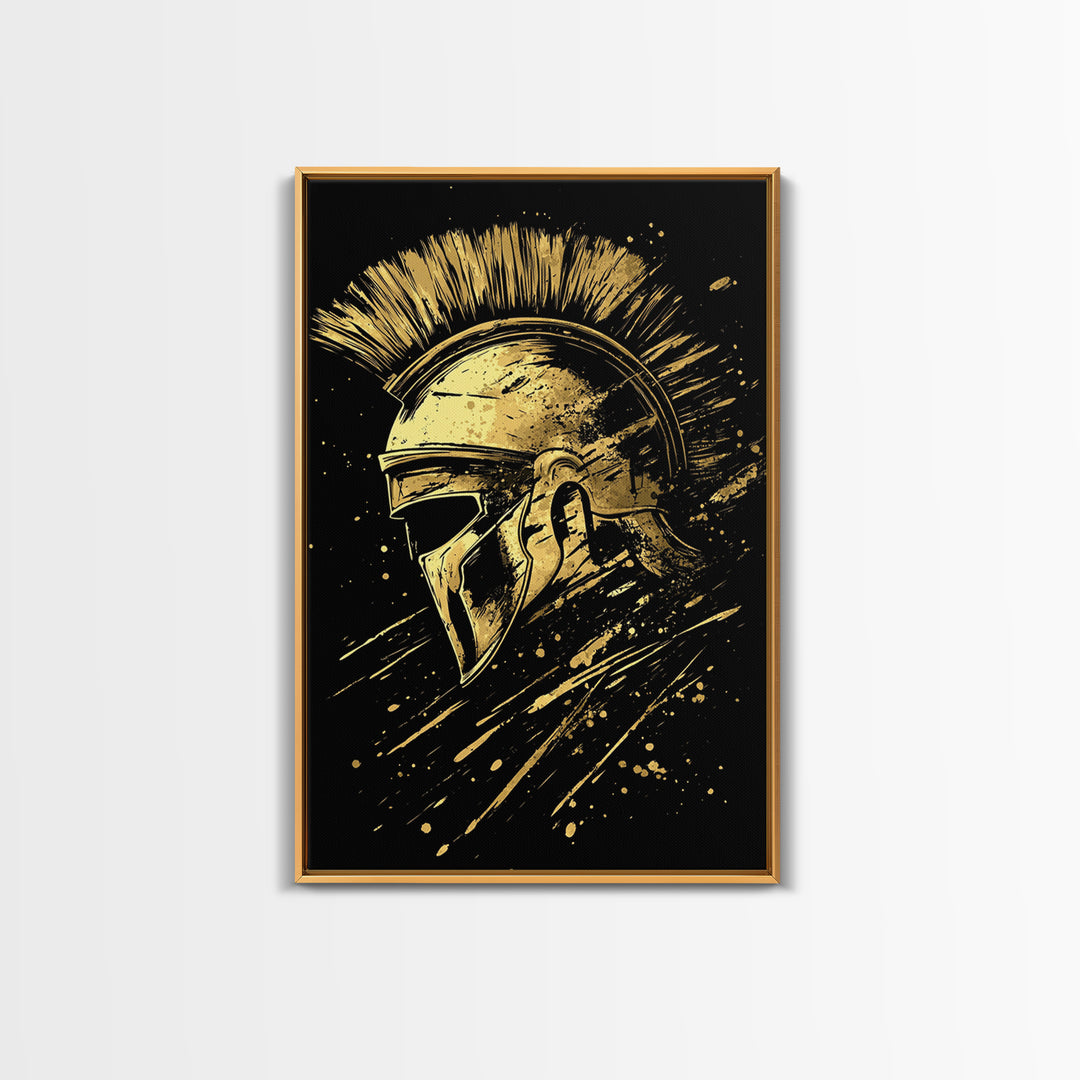 Spartan Warrior Helmet Gold Canvas Print, Ancient Greek Art, Mythology Wall Decor, Real Wood Frame, Bold Statement Piece