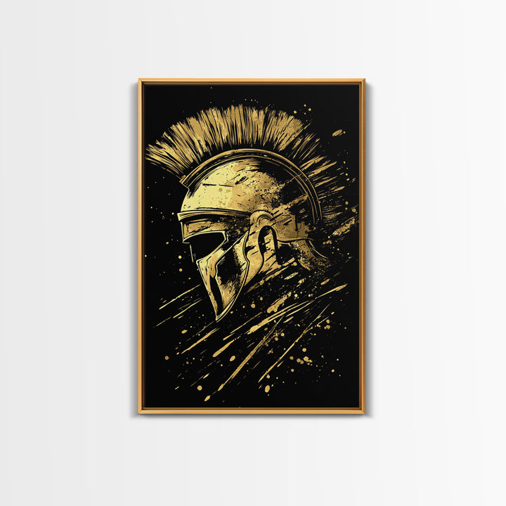 Spartan Warrior Helmet Gold Canvas Print, Ancient Greek Art, Mythology Wall Decor, Real Wood Frame, Bold Statement Piece