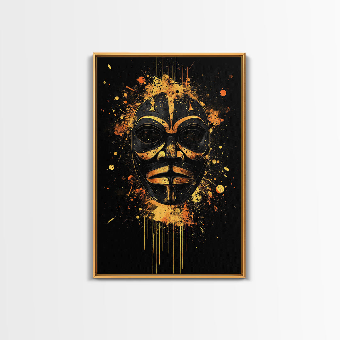Nordic Warrior Mask Gold Canvas Print, Viking Art, Norse Wall Decor, Bold Splatter Artwork, Real Wood Frame, Mythology Design
