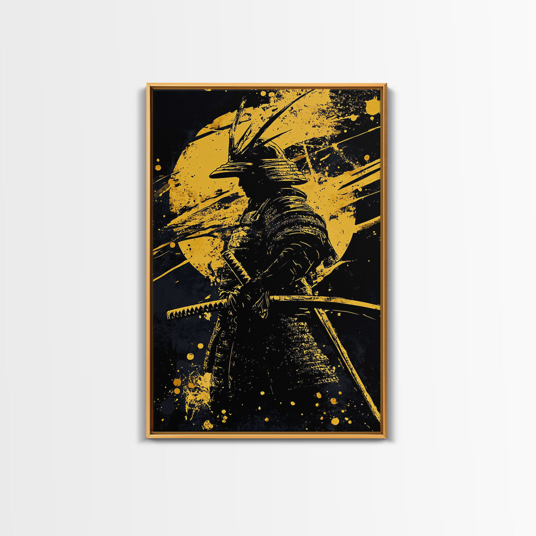 Samurai Warrior Gold Canvas Print, Japanese Art, Martial Wall Decor, Bushido Inspired Artwork, Real Wood Frame, Bold Statement Piece