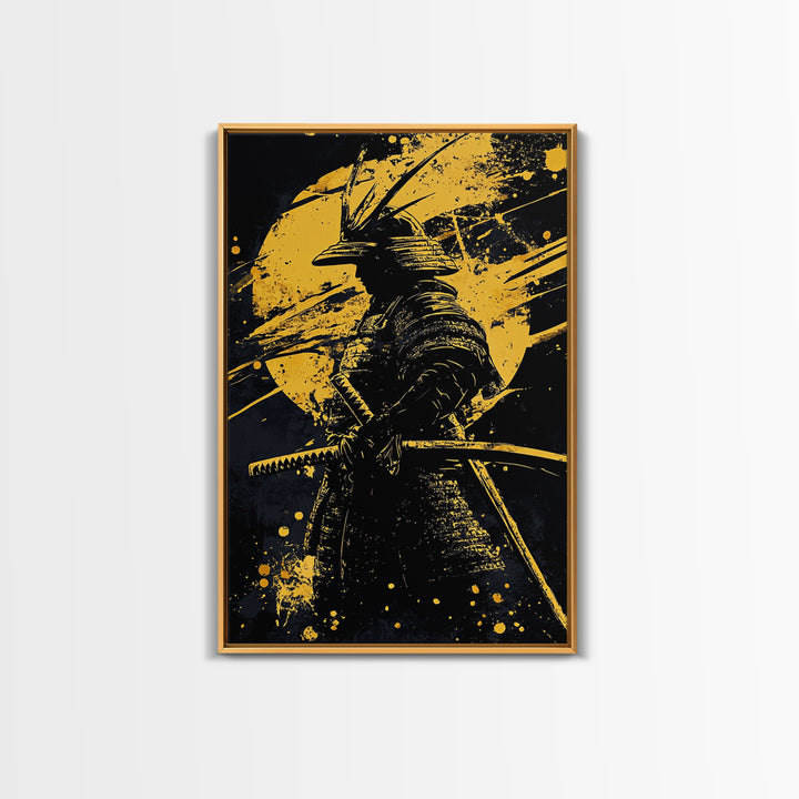 Samurai Warrior Gold Canvas Print, Japanese Art, Martial Wall Decor, Bushido Inspired Artwork, Real Wood Frame, Bold Statement Piece