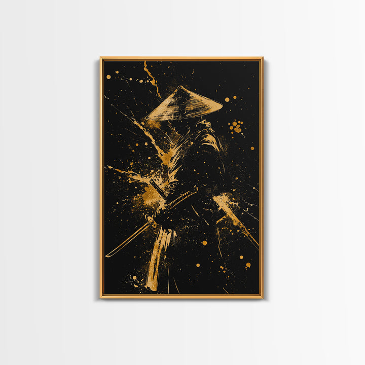 Ronin Samurai Gold Canvas Print, Japanese Warrior Art, Epic Splatter Decor, Real Wood Frame, Fierce Bushido Inspired Wall Artwork