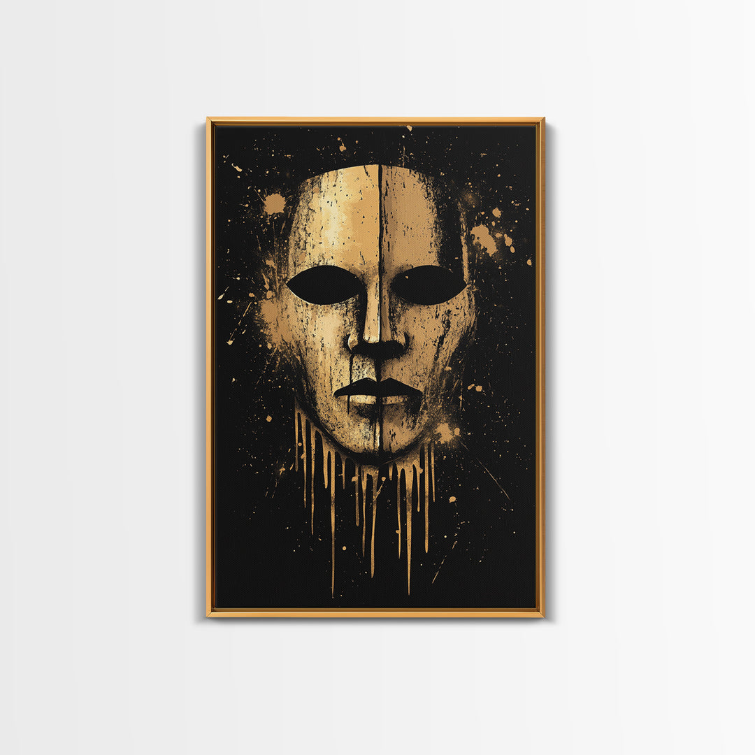 Ancient Warrior Mask Gold Canvas Print, Bold Tribal Decor, Striking Wall Art, Real Wood Frame, Splatter Effect Modern Artwork