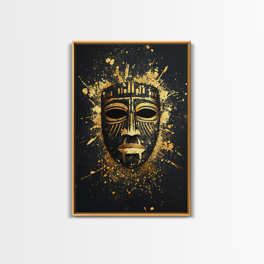 Mystical Tribal Mask Gold Canvas Print, Abstract Wall Art, Bold Statement Decor, Real Wood Frame, Unique Splatter Inspired Artwork