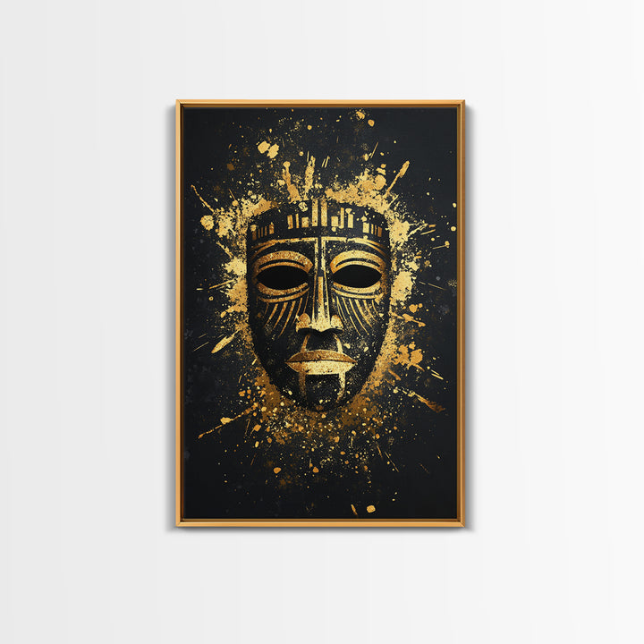 Mystical Tribal Mask Gold Canvas Print, Abstract Wall Art, Bold Statement Decor, Real Wood Frame, Unique Splatter Inspired Artwork