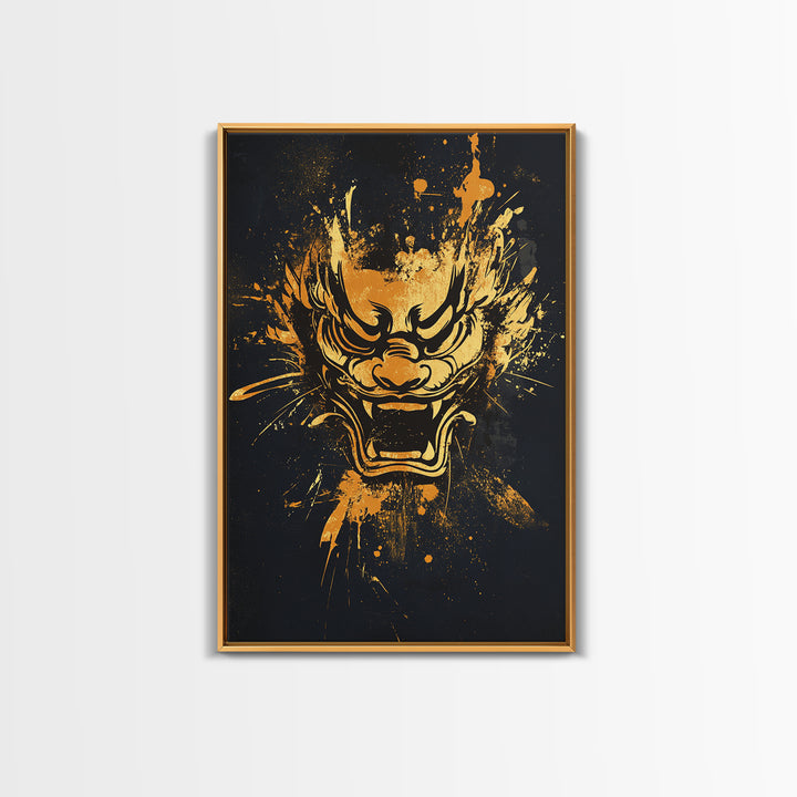 Mythical Dragon Face Gold Canvas Print, Asian Inspired Art, Fierce Wall Decor, Real Wood Frame, Splatter Style Statement Artwork
