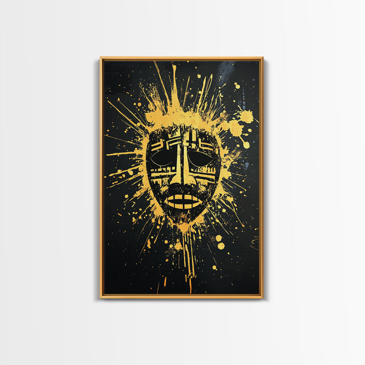 Tribal Mask Gold Canvas Print, Ethnic Wall Art, Real Wood Frame, Splatter Abstract Face Decor, Modern Tribal Home Accent