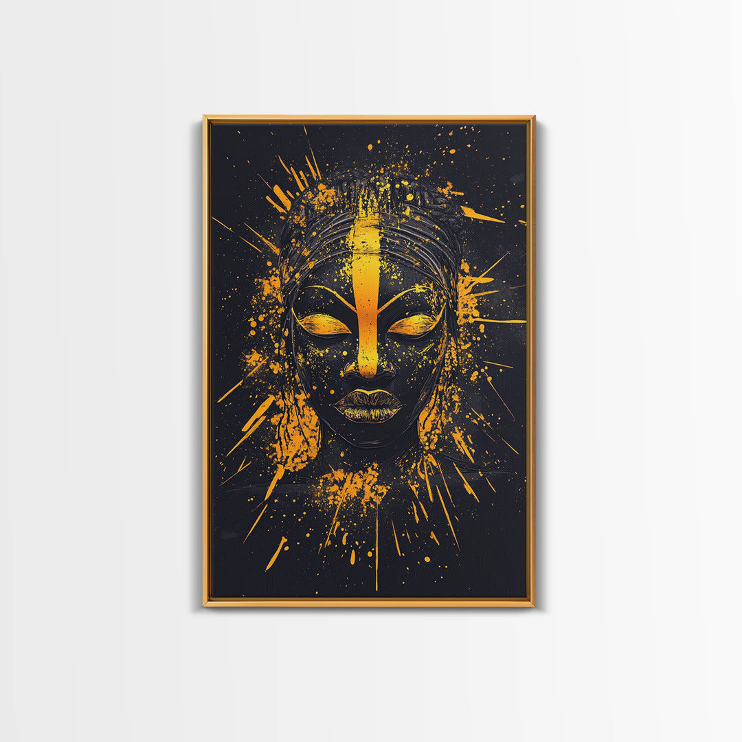 African Goddess Gold Canvas Print, Ethnic Wall Art, Real Wood Frame, Splatter Portrait Art, Bold Tribal Modern Decor