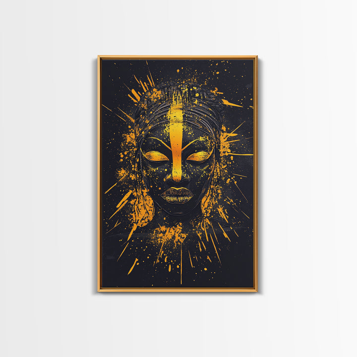 African Goddess Gold Canvas Print, Ethnic Wall Art, Real Wood Frame, Splatter Portrait Art, Bold Tribal Modern Decor