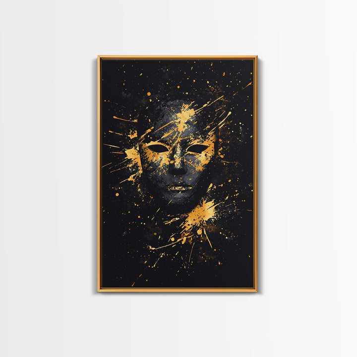 Mystical Face Gold Canvas Print, Tribal Mask Art, Real Wood Frame, Splatter Abstract Decor, Cultural Ethnic Wall Accent