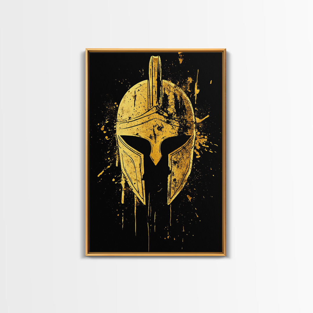 Spartan Helmet Gold Canvas Print, Warrior Wall Art, Real Wood Frame, Bold Historic Decor, Ancient Greek Inspired Artwork