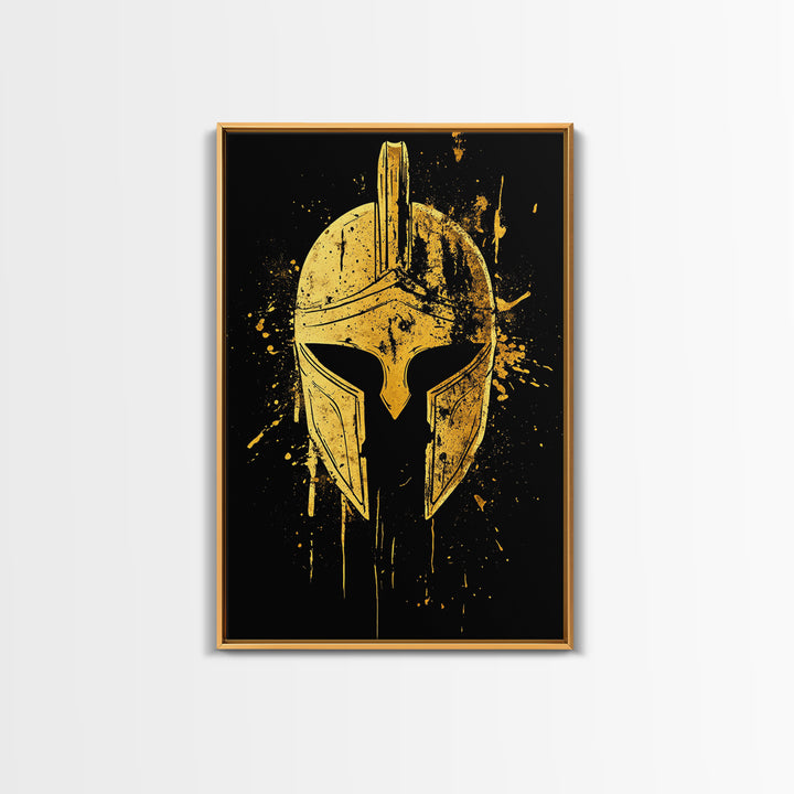 Spartan Helmet Gold Canvas Print, Warrior Wall Art, Real Wood Frame, Bold Historic Decor, Ancient Greek Inspired Artwork