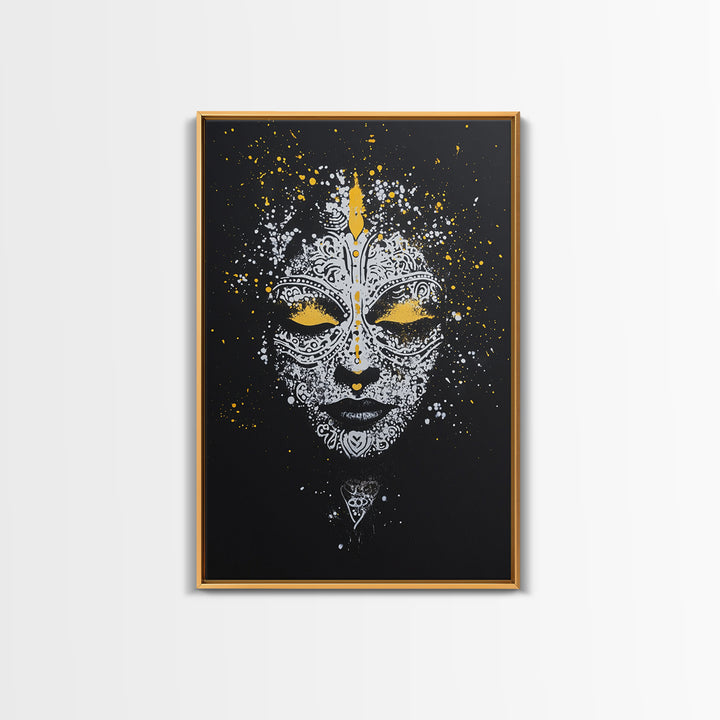 Demon Mask Gold Canvas Print, Tribal Wall Art, Real Wood Frame, Mythical Splatter Art, Cultural Home Decor Accent