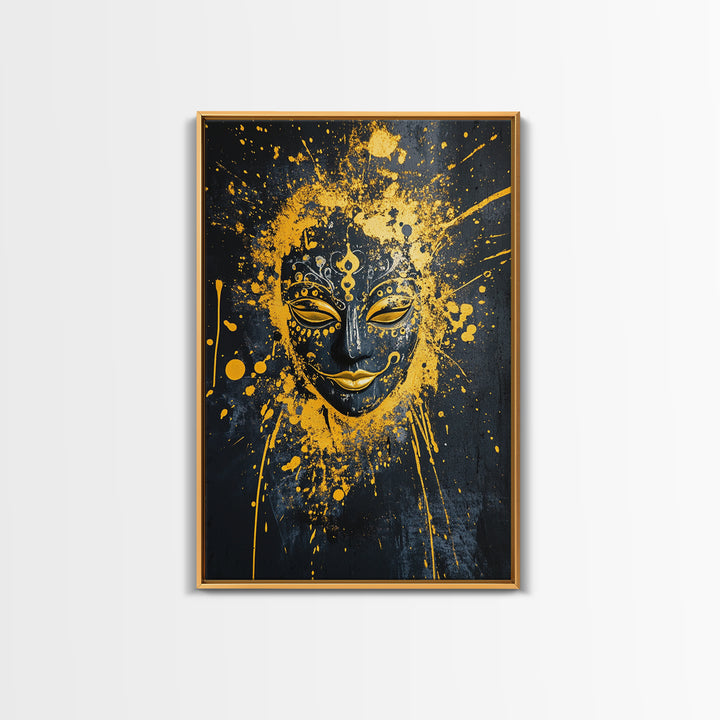 Sacred Mask Gold Canvas Print, Ethnic Wall Art, Real Wood Frame, Mystical Splatter Portrait, Tribal Inspired Home Decor