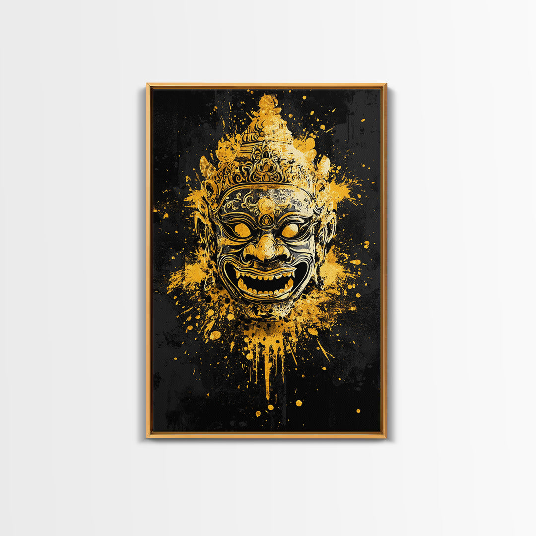 Ornamental Face Gold Canvas Print, Tribal Mask Wall Art, Real Wood Frame, Ethnic Splatter Decor, Cultural Portrait Artwork