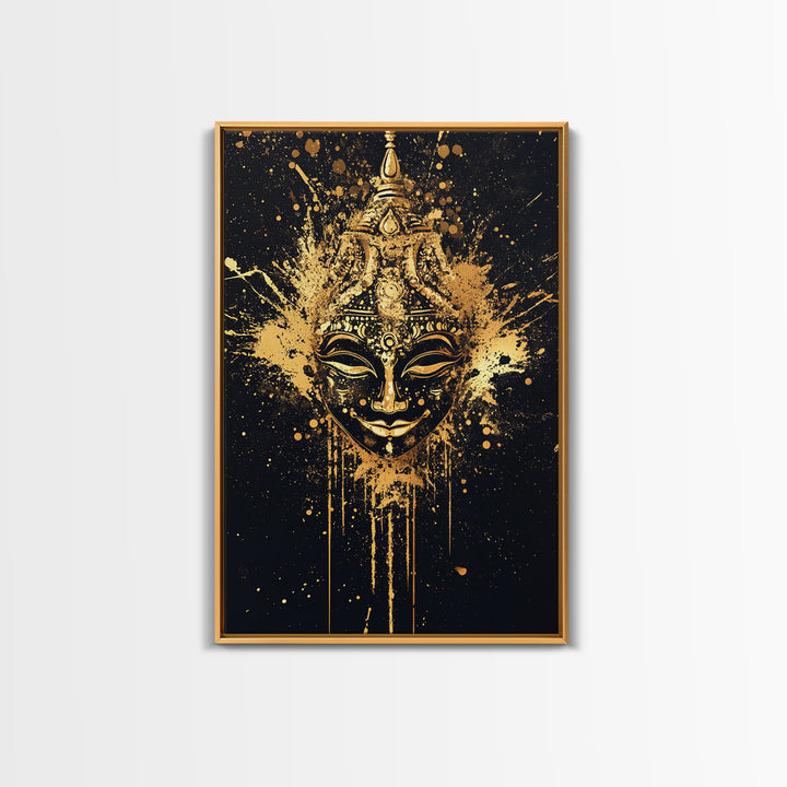 Decorative Mask Gold Canvas Print, Tribal Wall Art, Real Wood Frame, Splatter Abstract Portrait, Ethnic Cultural Accent