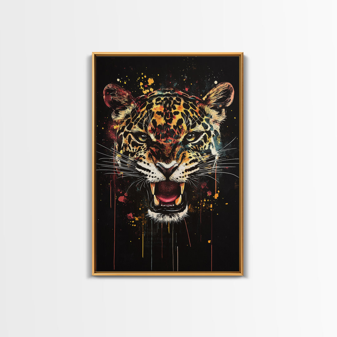 Jaguar Roar Gold Canvas Print, Animal Wall Art, Real Wood Frame, Bold Wildlife Decor, Tribal Inspired Big Cat Home Accent