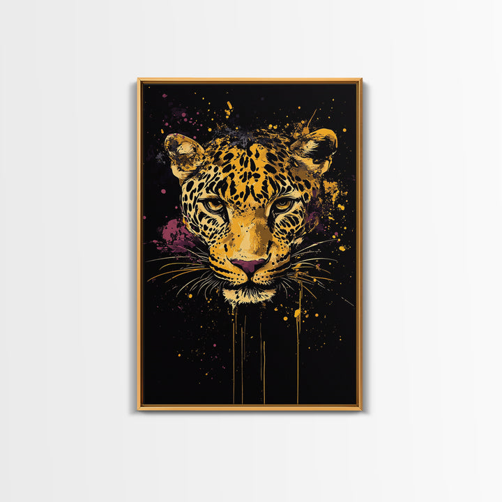 Leopard Portrait Gold Canvas Print, Tribal Animal Art, Real Wood Frame, Splatter Wildlife Decor, Bold Exotic Jungle Artwork