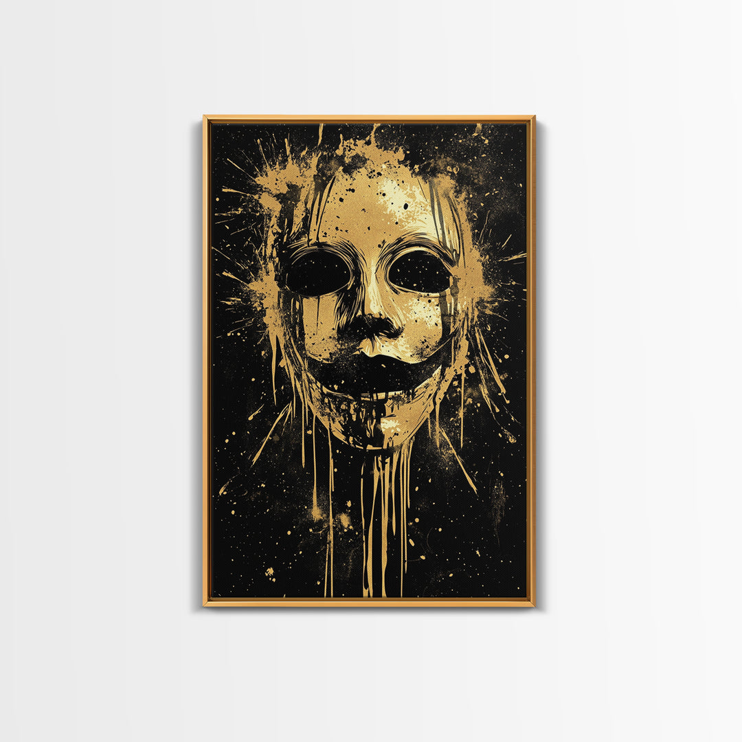 Tribal Mask Splatter Art, Gold Canvas Print, Abstract Ethnic Wall Decor, Real Wood Frame, Modern Warrior Artwork