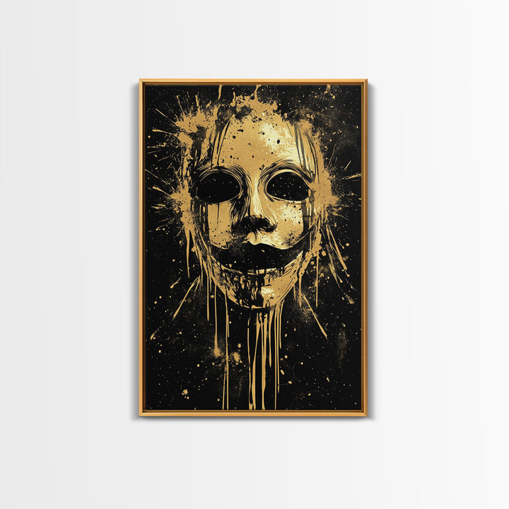 Tribal Mask Splatter Art, Gold Canvas Print, Abstract Ethnic Wall Decor, Real Wood Frame, Modern Warrior Artwork