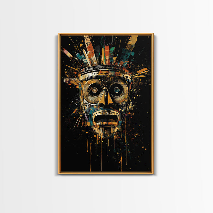 Abstract Splatter Mask Face, Gold Canvas Print, Modern Tribal Wall Art, Real Wood Frame, Contemporary Statement Decor