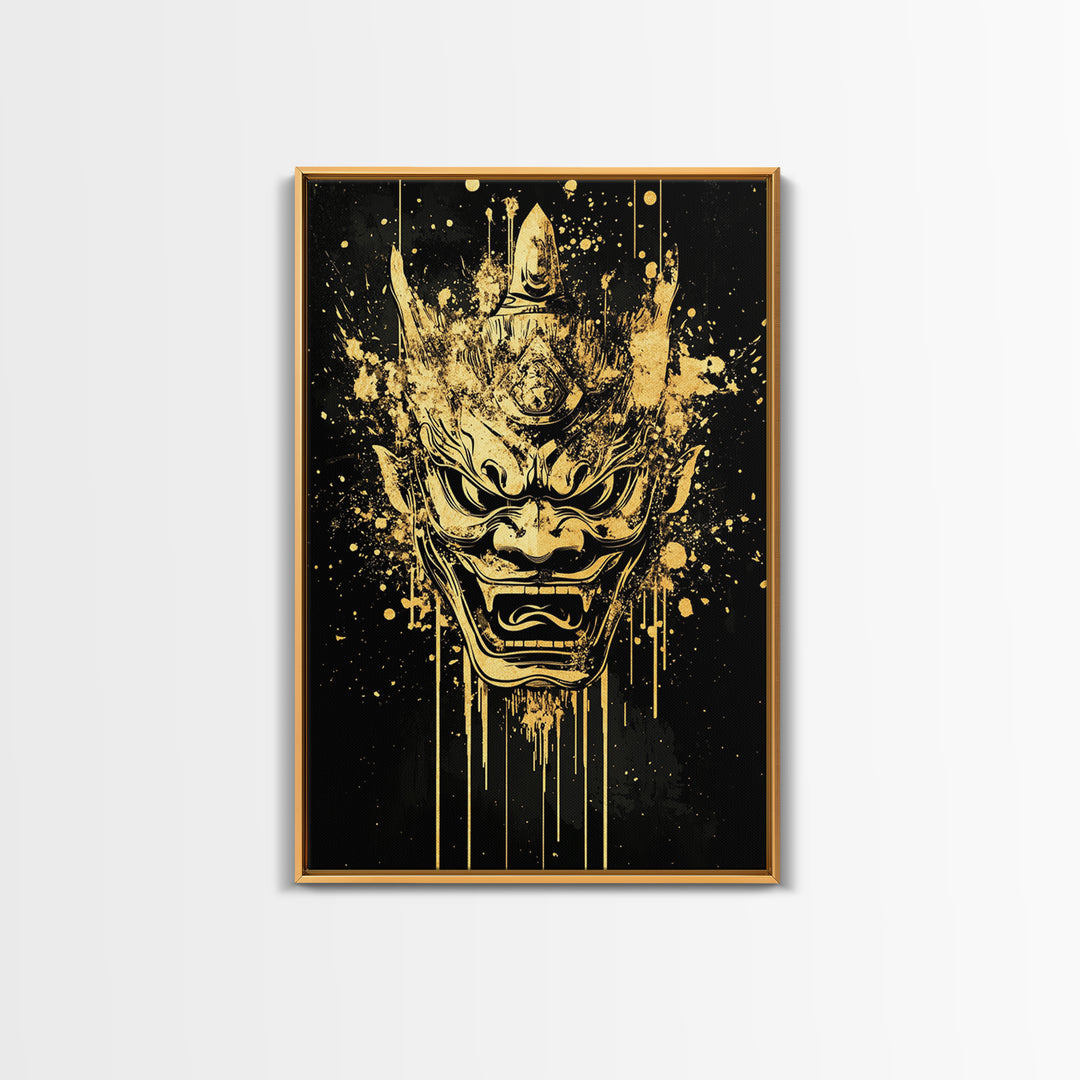 Mythical Demon Splatter Mask, Gold Canvas Print, Bold Wall Art, Real Wood Frame, Fierce Cultural Decor