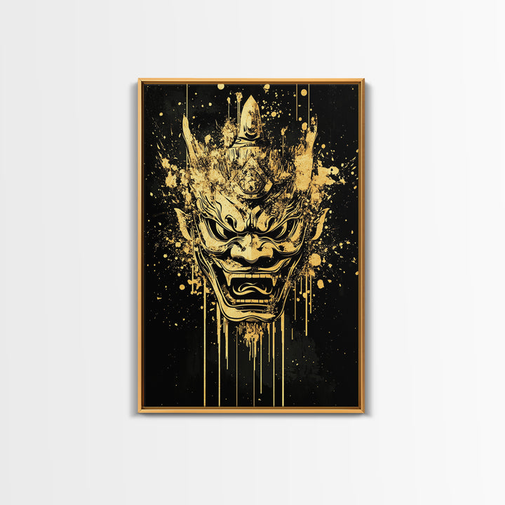 Mythical Demon Splatter Mask, Gold Canvas Print, Bold Wall Art, Real Wood Frame, Fierce Cultural Decor