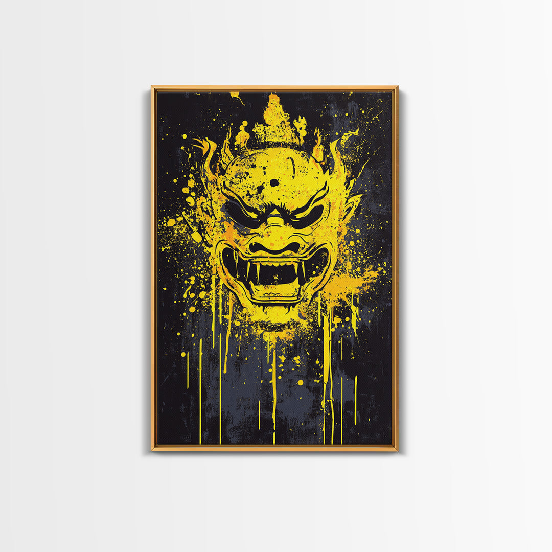 Sacred Mask Splatter Art, Gold Canvas Print, Ethnic Spiritual Wall Decor, Real Wood Frame, Mystical Warrior Artwork