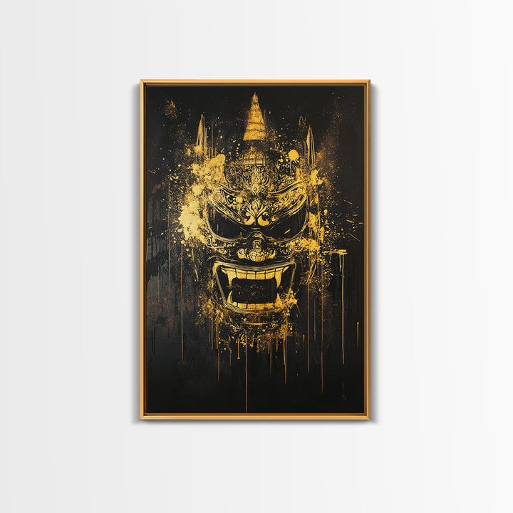 Ornate Splatter Face Mask, Gold Canvas Print, Abstract Cultural Wall Art, Real Wood Frame, Detailed Tribal Artwork