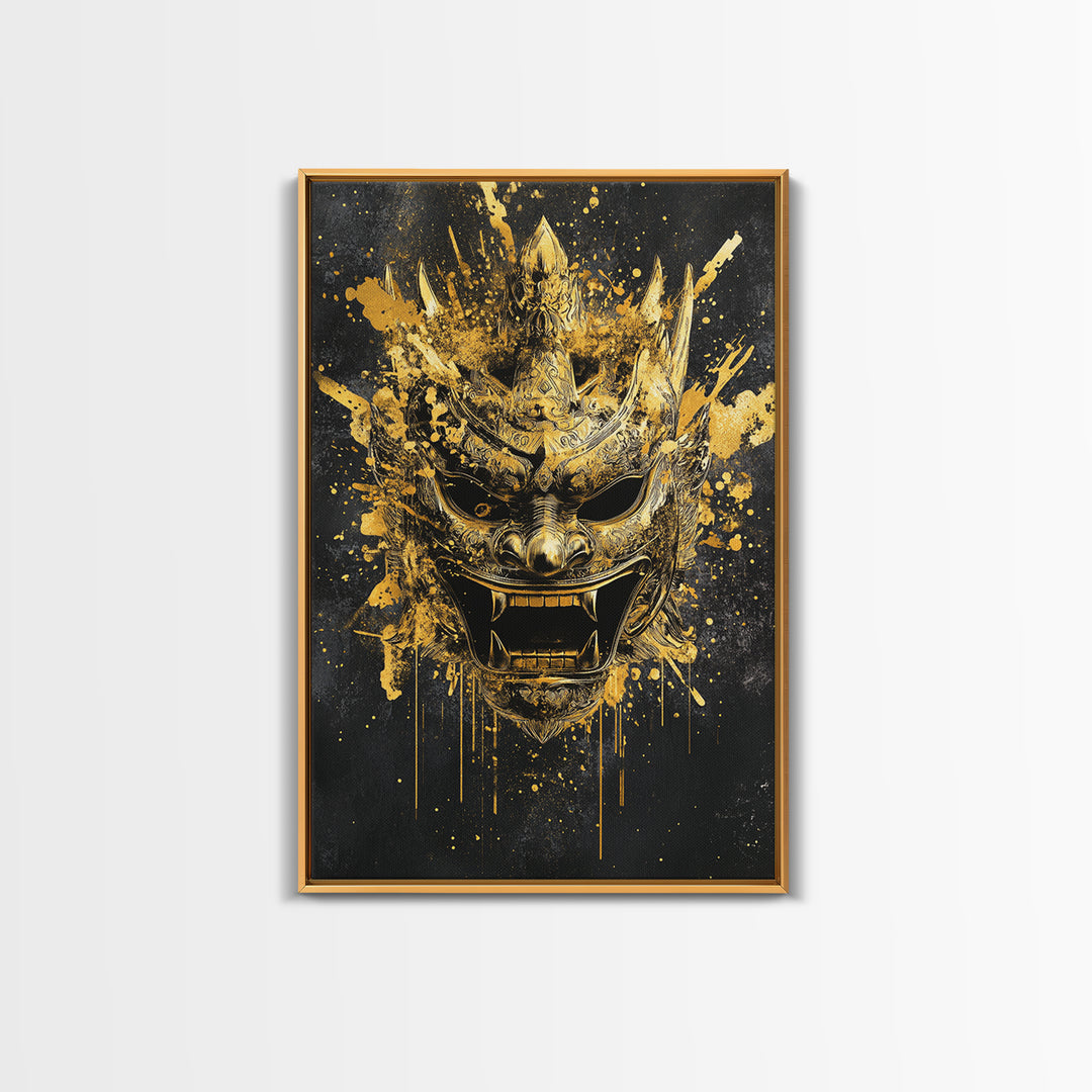 Decorative Tribal Splatter Mask, Gold Canvas Print, Modern Ethnic Wall Decor, Real Wood Frame, Bold Statement Artwork