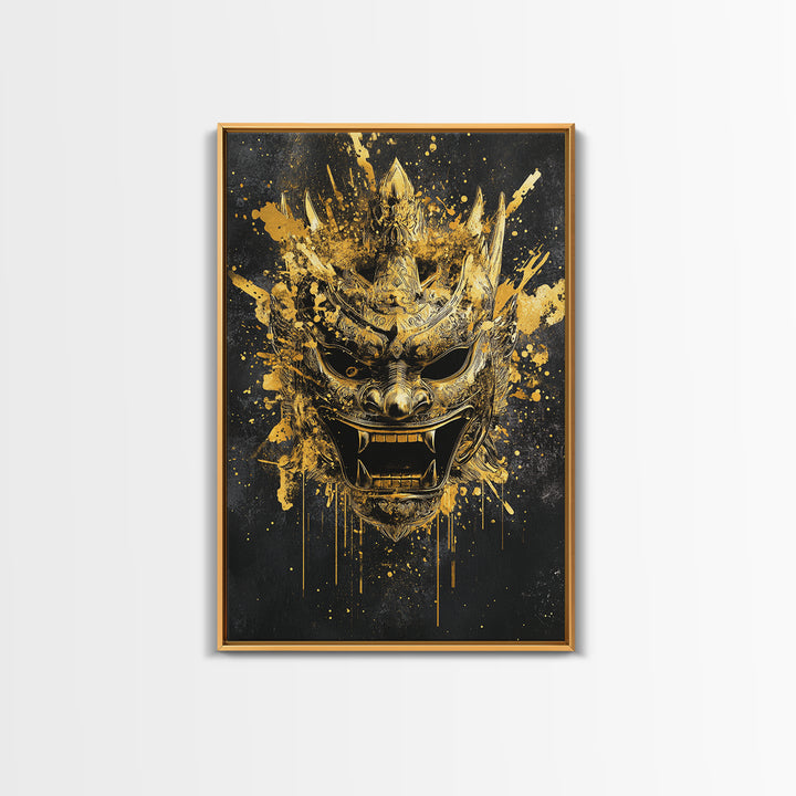 Decorative Tribal Splatter Mask, Gold Canvas Print, Modern Ethnic Wall Decor, Real Wood Frame, Bold Statement Artwork