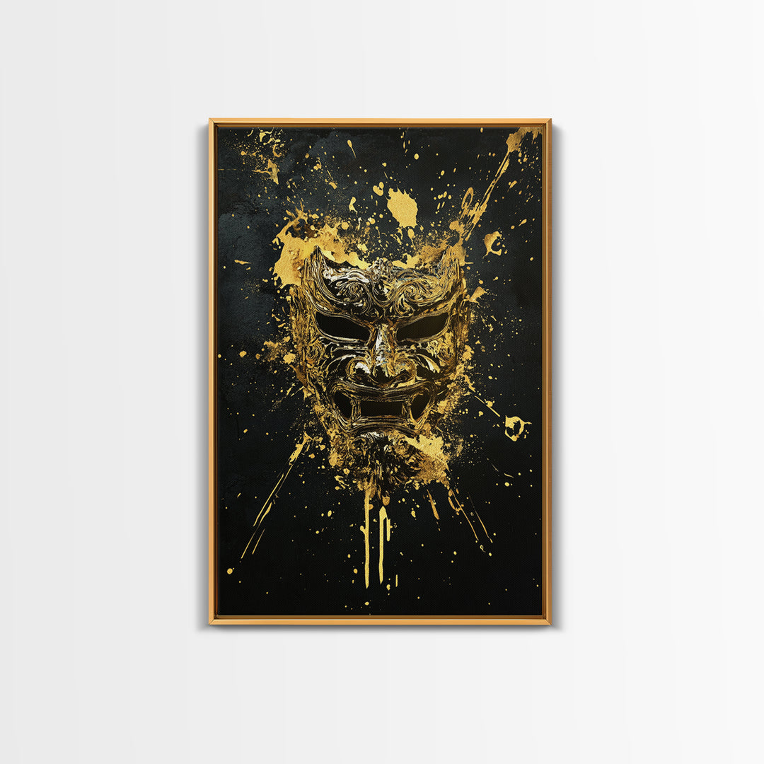 Fierce Demon Mask Gold Canvas Print, Splatter Art Wall Decor, Mythical Wall Art, Real Wood Frame, Tribal Home Accent