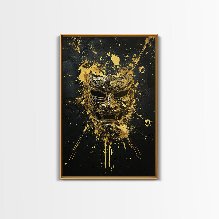 Fierce Demon Mask Gold Canvas Print, Splatter Art Wall Decor, Mythical Wall Art, Real Wood Frame, Tribal Home Accent
