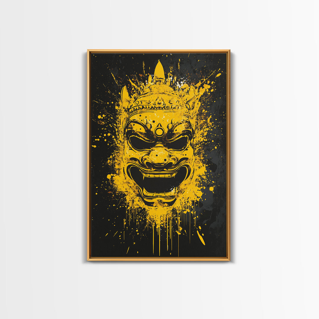 Ancient Warrior Mask Gold Canvas Print, Splatter Style Wall Decor, Bold Wall Art, Real Wood Frame, Mythical Home Accent