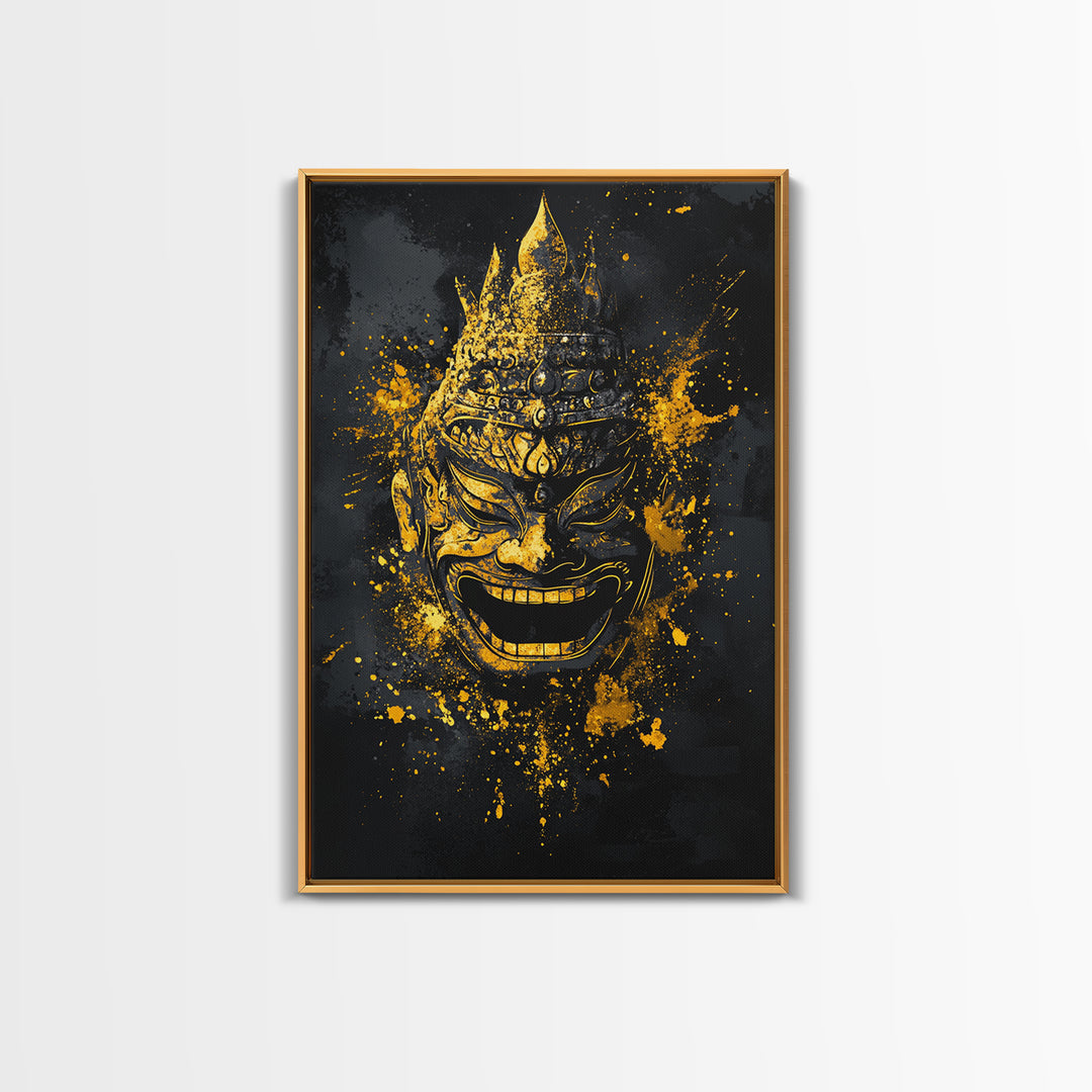 Mythical Demon Mask Gold Canvas Print, Splatter Style Wall Decor, Tribal Inspired Wall Art, Real Wood Frame, Bold Home Accent