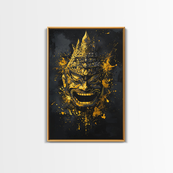 Mythical Demon Mask Gold Canvas Print, Splatter Style Wall Decor, Tribal Inspired Wall Art, Real Wood Frame, Bold Home Accent