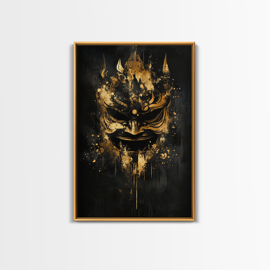 Vibrant Demon Face Gold Canvas Print, Splatter Art Wall Decor, Tribal Mythical Mask, Real Wood Frame, Bold Home Accent