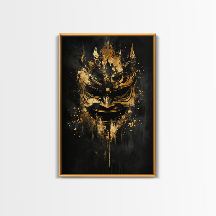 Vibrant Demon Face Gold Canvas Print, Splatter Art Wall Decor, Tribal Mythical Mask, Real Wood Frame, Bold Home Accent