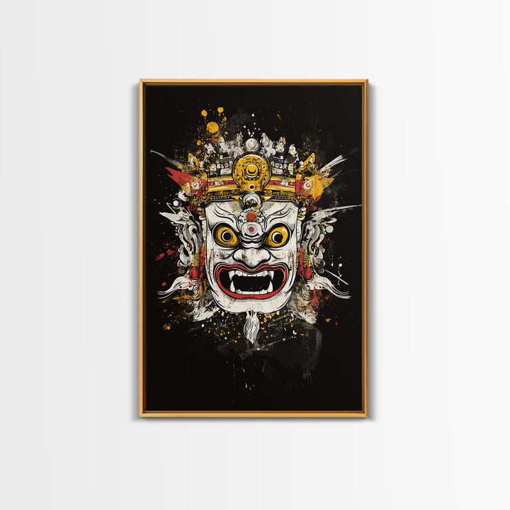 Balinese Mask Gold Canvas Print, Splatter Art Wall Decor, Mythical Cultural Wall Art, Real Wood Frame, Tribal Home Accent